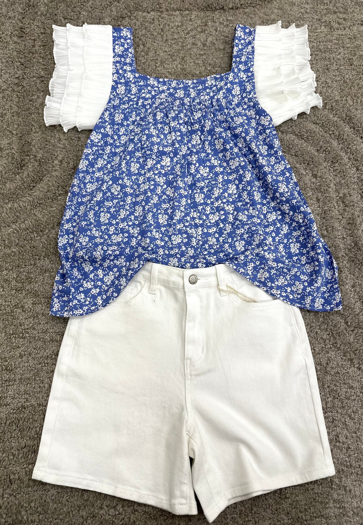 Blue Floral Ruffle Sleeve