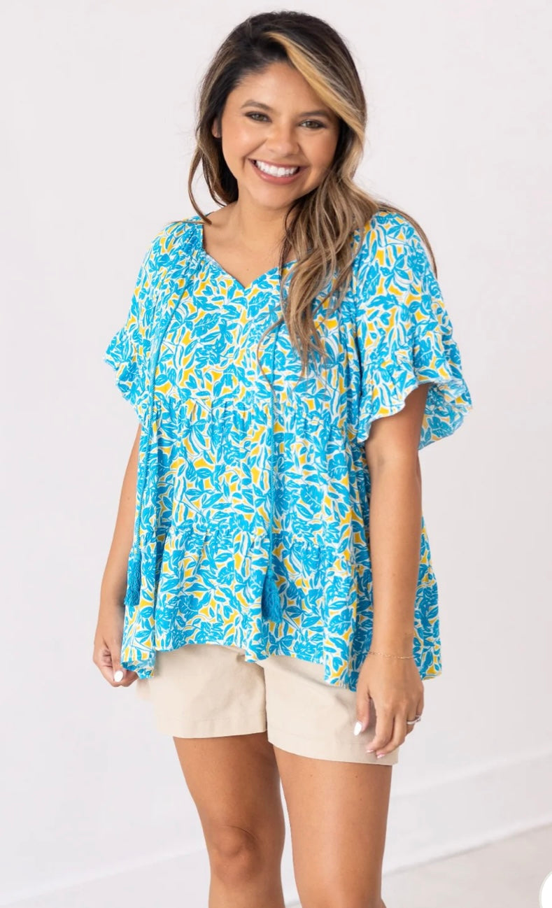 Blue & Yellow Floral Babydoll Blouse