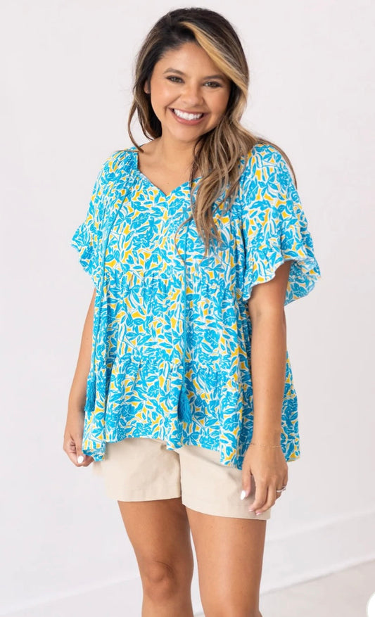 Blue & Yellow Floral Babydoll Blouse