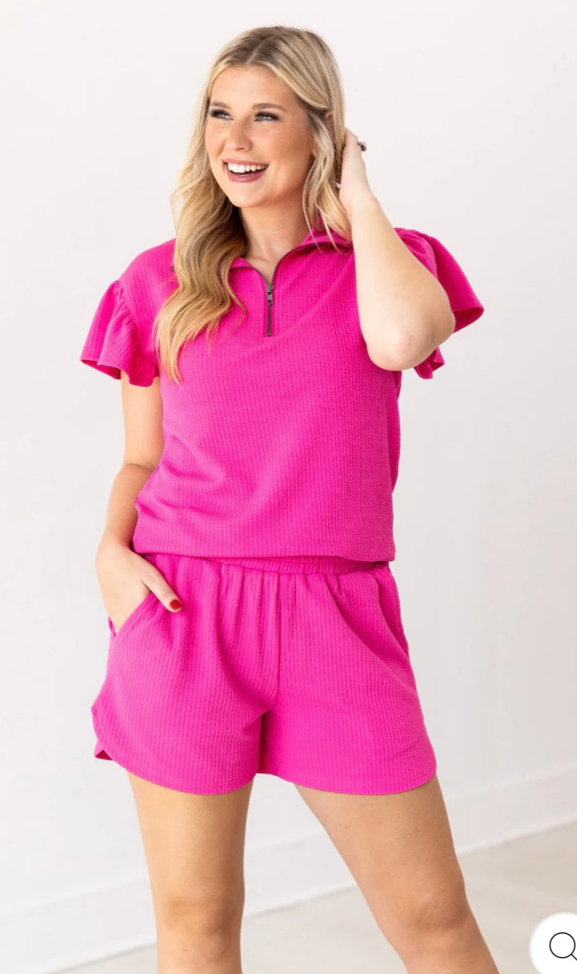 Hot Pink Knit Flutter Sleeve Top
