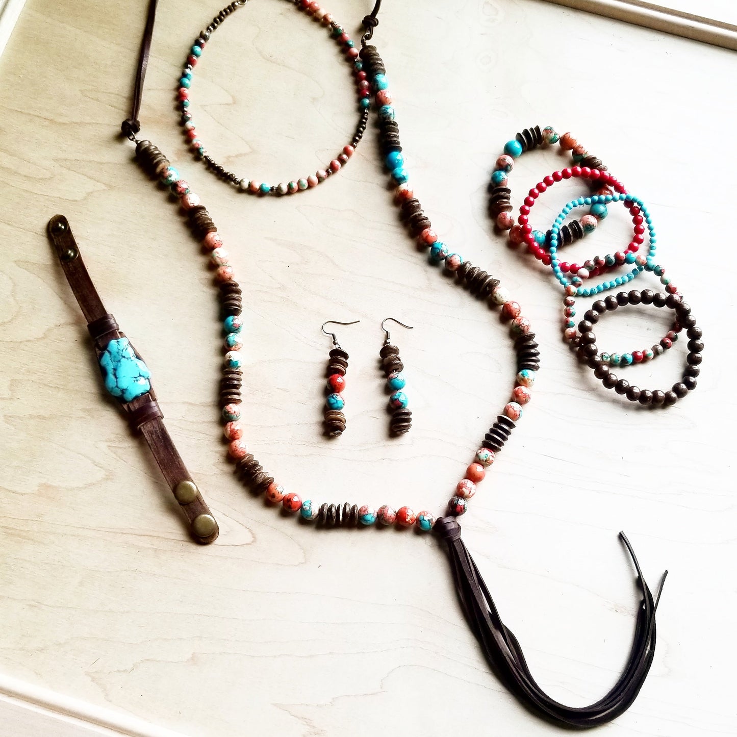 **Multi-Colored Turquoise Necklace with Wood Beads & Leather Tassel 236B