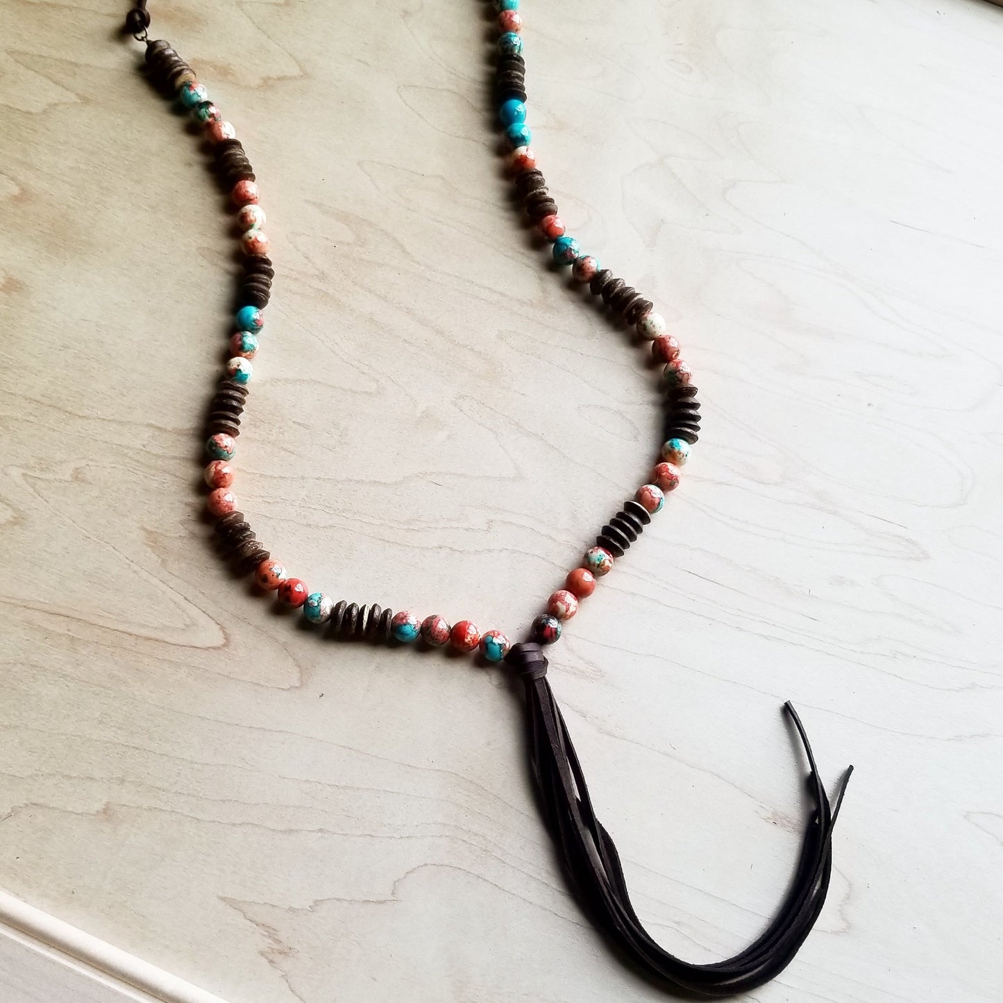 **Multi-Colored Turquoise Necklace with Wood Beads & Leather Tassel 236B