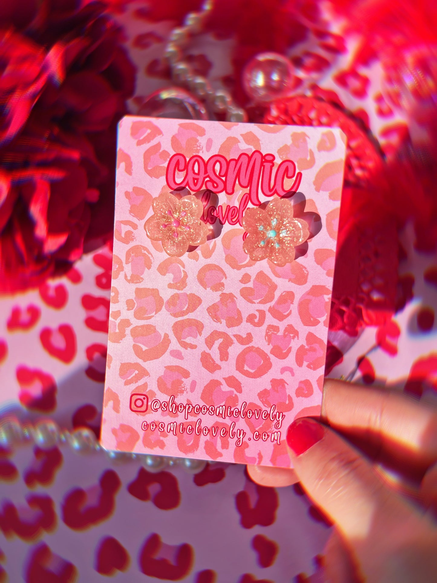 Glitter Pink Cherry Blossom Stud Earrings