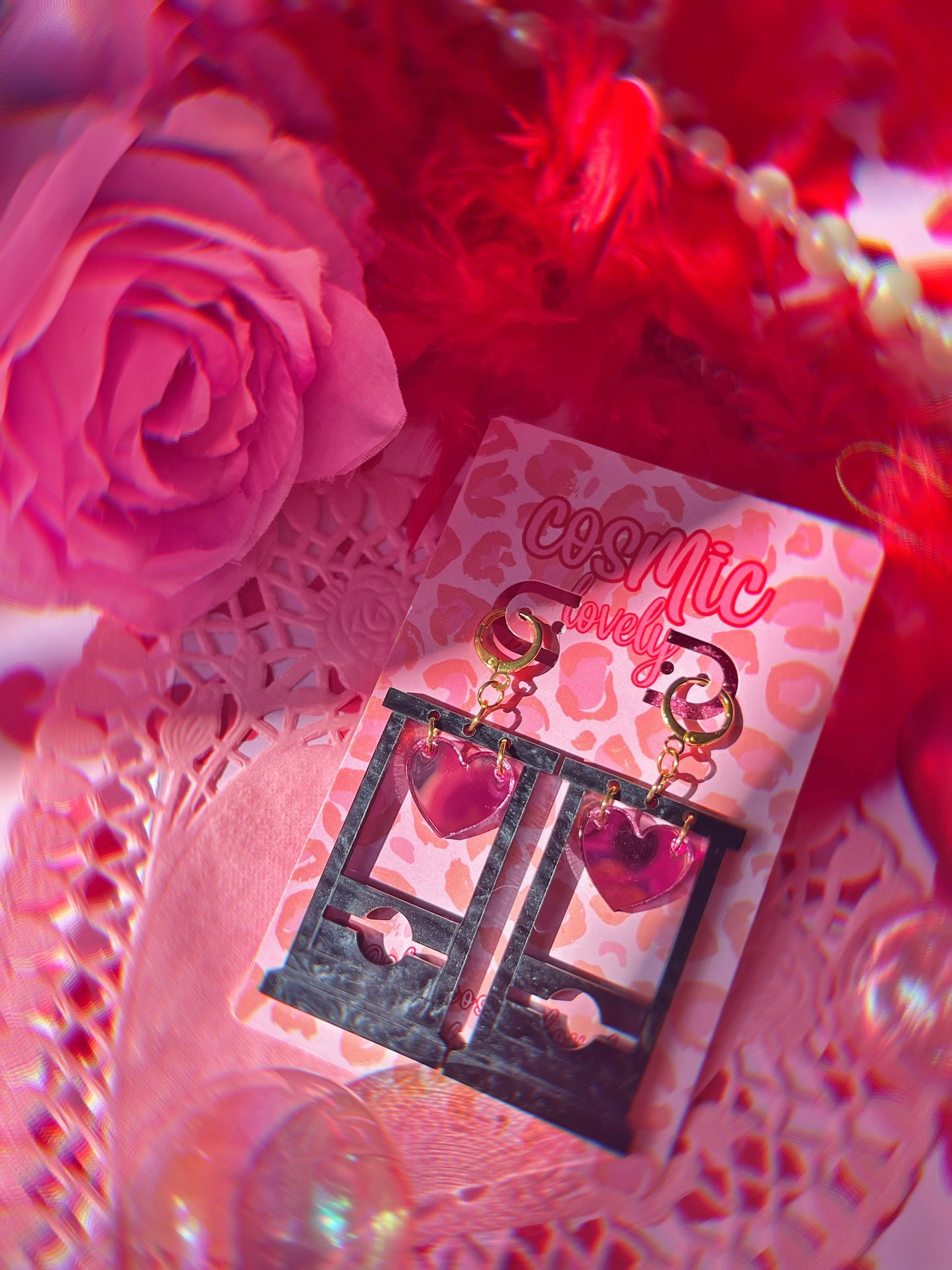 Pearl Black Heart Guillotine Earrings