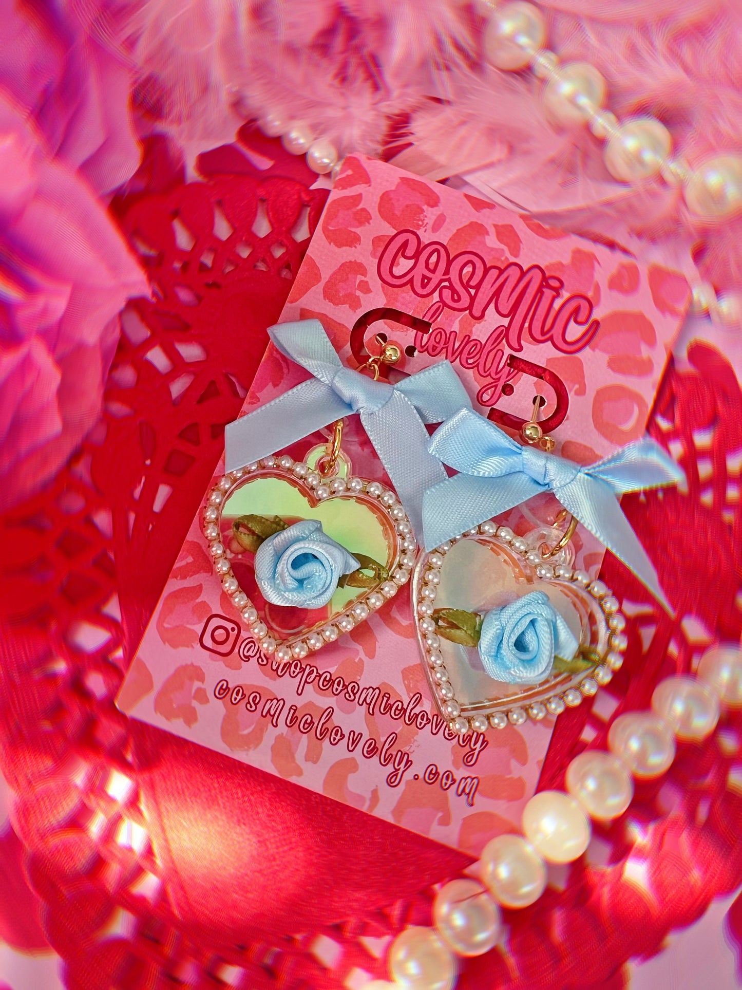 Iridescent Baby Blue Bow Coquette Heart Earrings