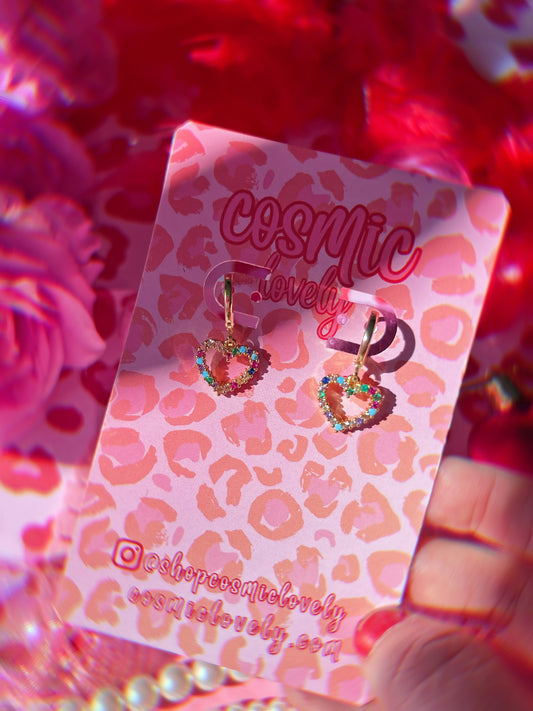 Gold Plated Brass Rainbow Cubic Zirconia Heart Huggies