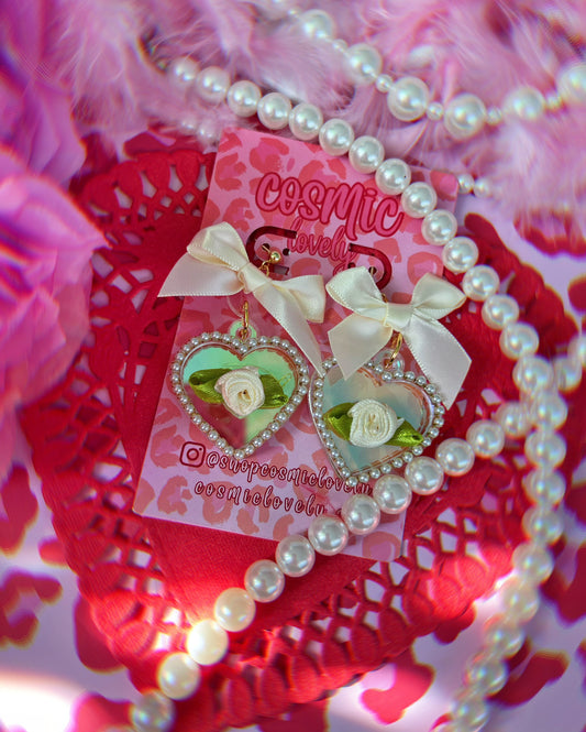 Iridescent Cream Bow Coquette Heart Earrings