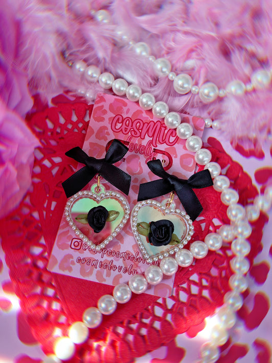 Iridescent Black Bow Coquette Heart Earrings