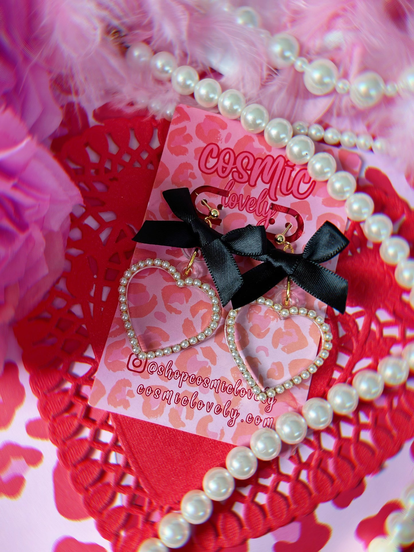 Black Bow Coquette Heart Earrings