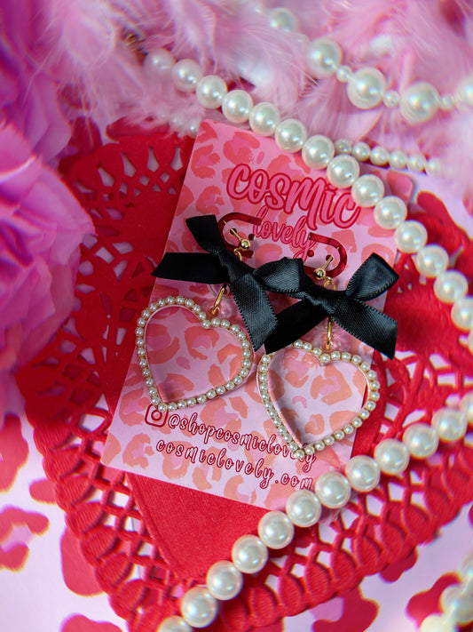 Black Bow Coquette Heart Earrings