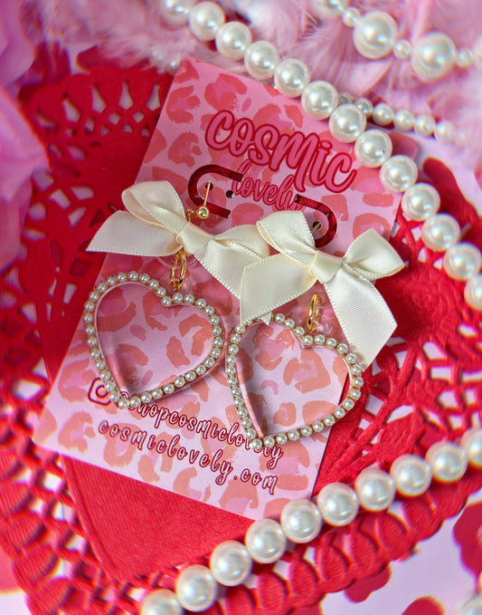 Cream Bow Coquette Heart Earrings