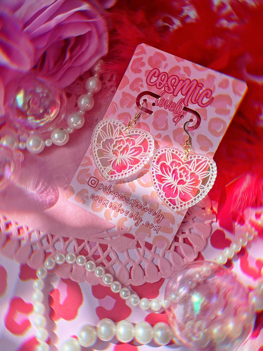 Iridescent Floral Heart Earrings