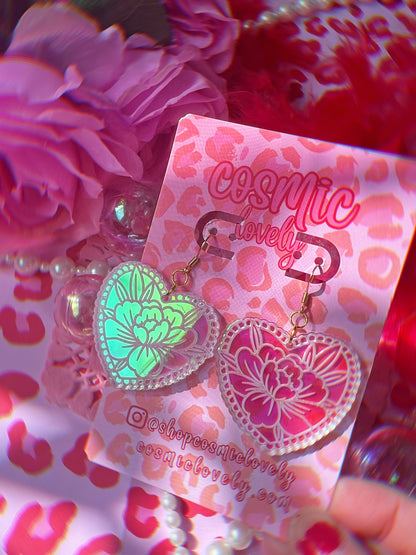 Iridescent Floral Heart Earrings