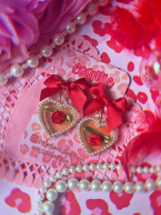 Iridescent Red Bow Coquette Heart Earrings