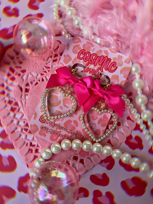 Hot Pink Bow Coquette Heart Earrings