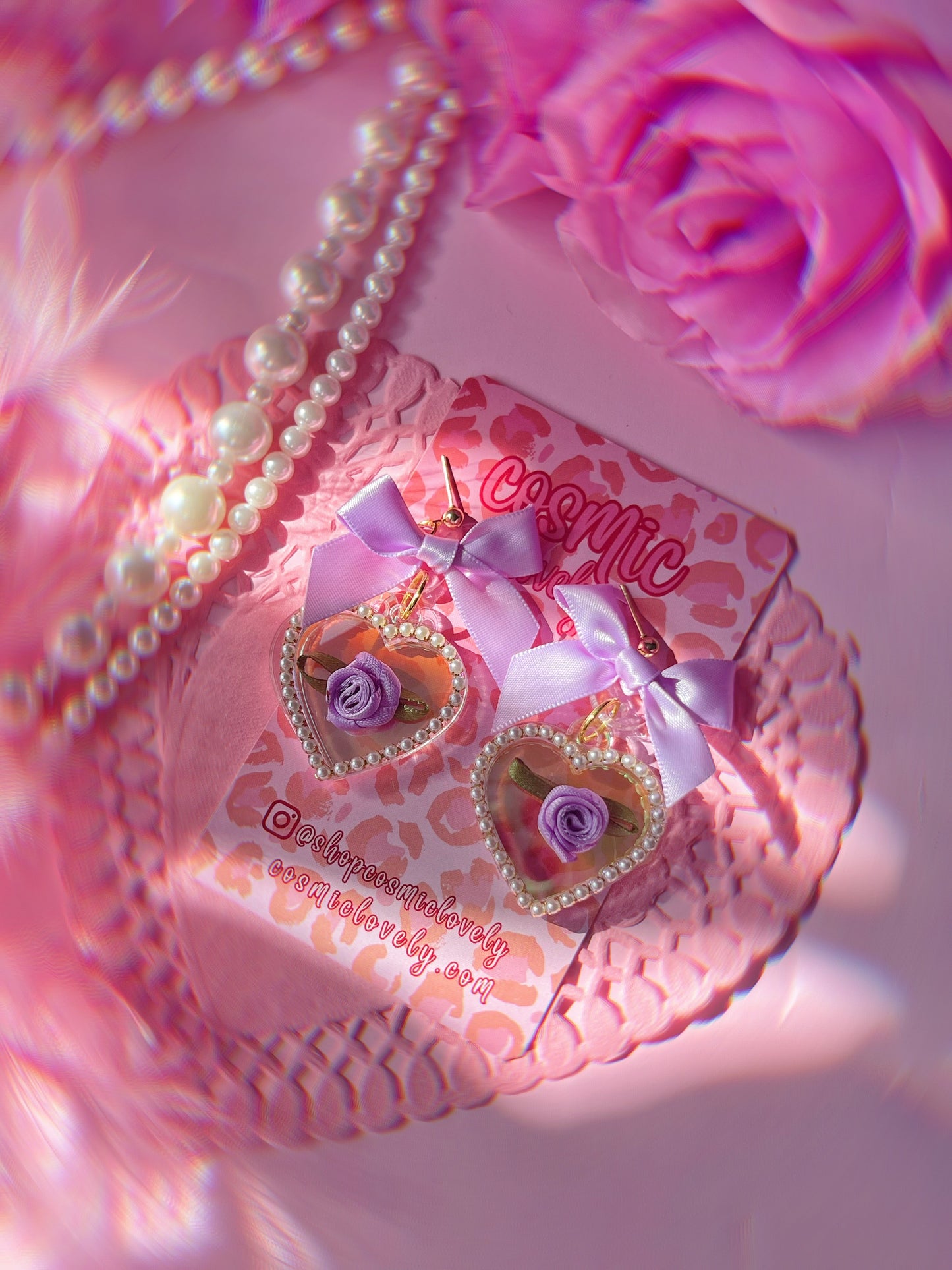 Iridescent Lavender Bow Coquette Heart Earrings