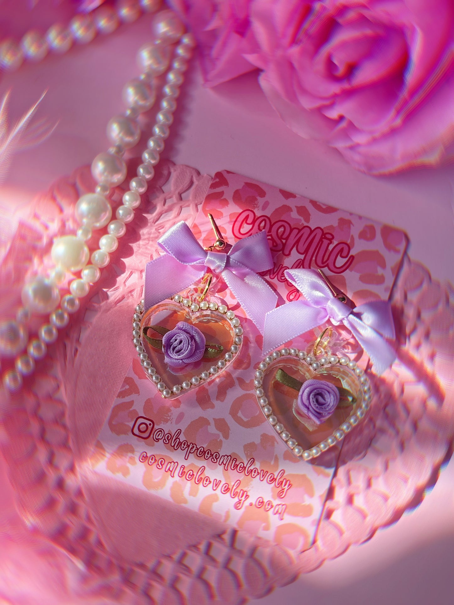 Iridescent Lavender Bow Coquette Heart Earrings