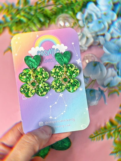 Shamrock Confetti Heart Clover Earrings