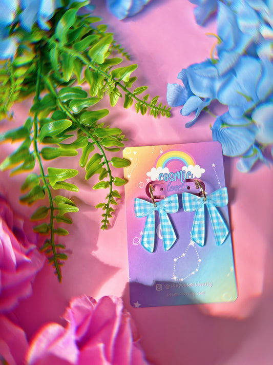 Blue Gingham Small Coquette Bow Earrings