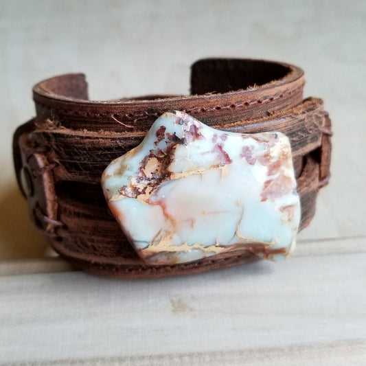 Genuine Leather Wide Cuff Bracelet w/ Aqua Terra Slab 006a