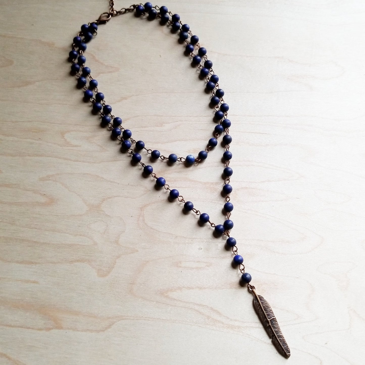 Blue Lapis Double Strand Lariat Necklace with Copper Feather 244z