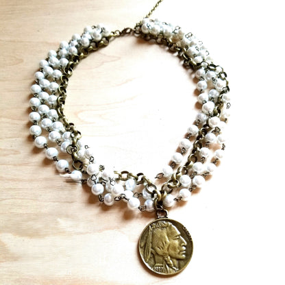Pearl and Antique Gold Collar-Length Necklace with Indian Coin 245e