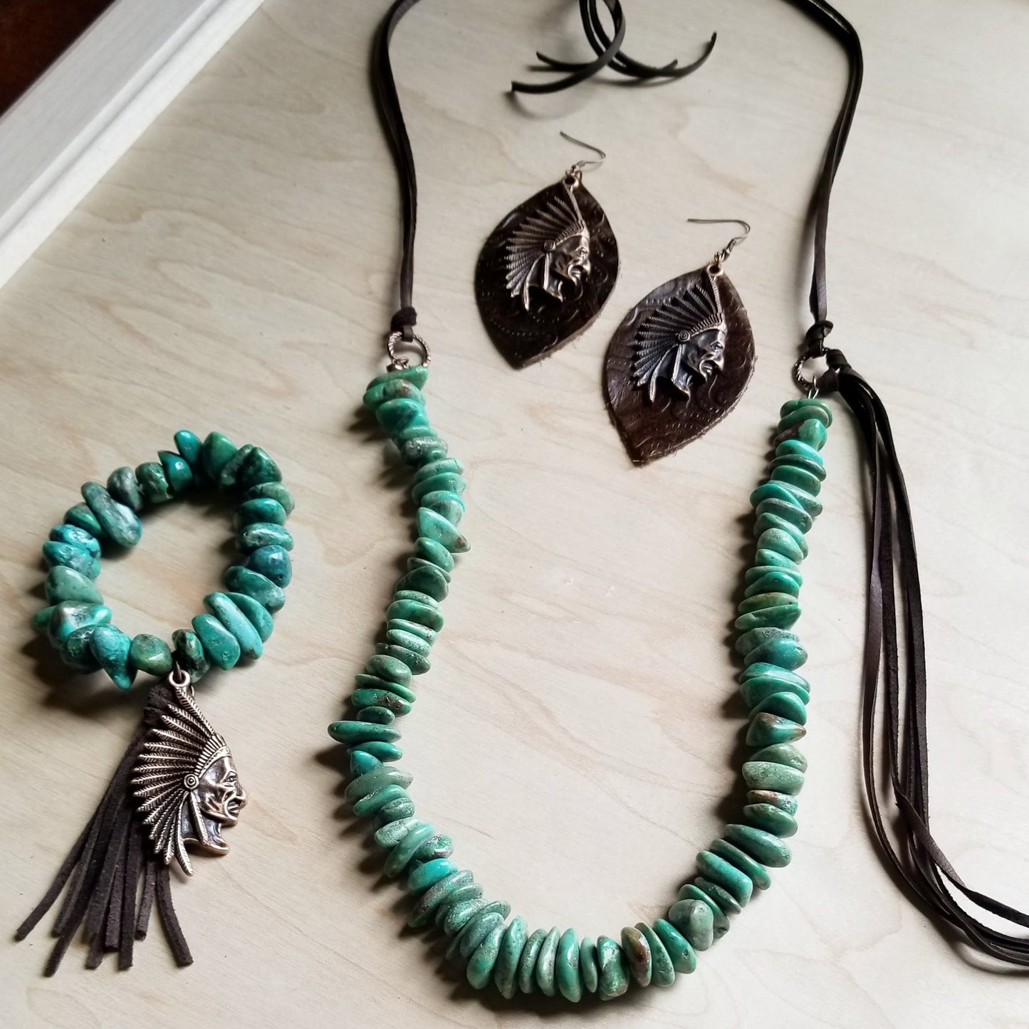 Natural Turquoise Necklace with Side-Tie Vegan Leather Tassel 245c