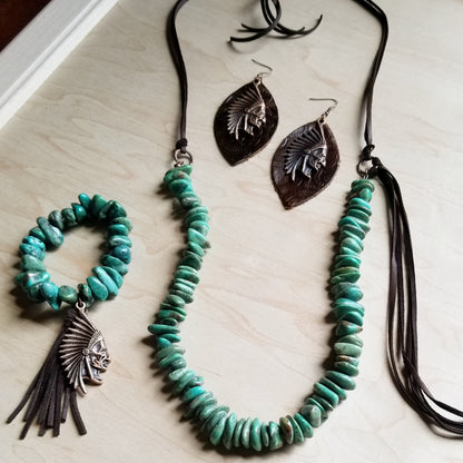 Natural Turquoise Necklace with Side-Tie Vegan Leather Tassel 245c