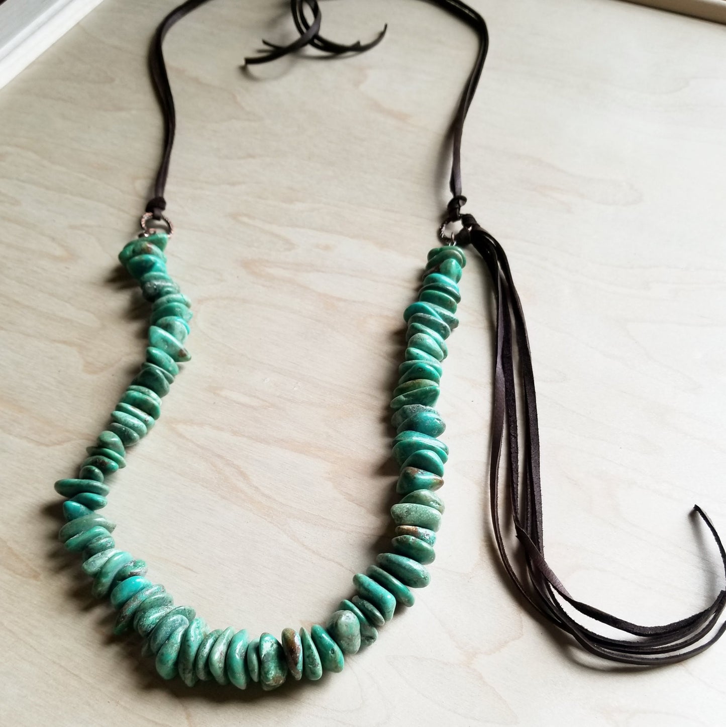 Natural Turquoise Necklace with Side-Tie Vegan Leather Tassel 245c