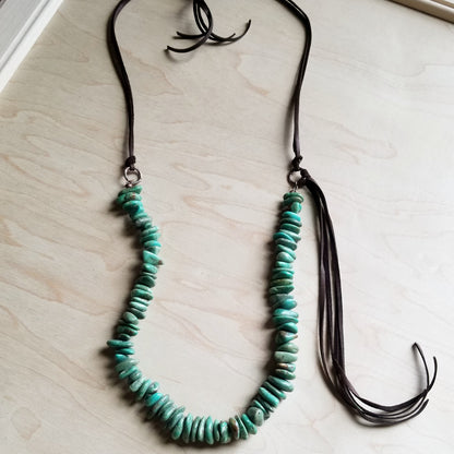 Natural Turquoise Necklace with Side-Tie Vegan Leather Tassel 245c