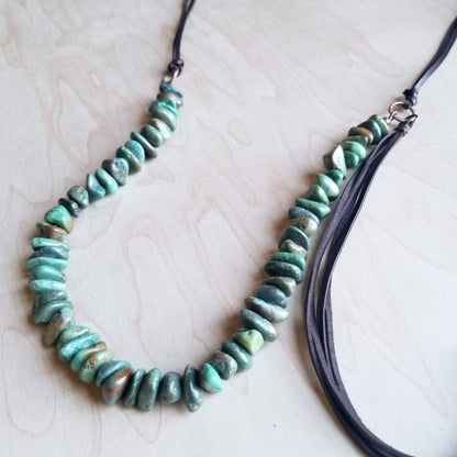 Natural Turquoise Necklace with Side-Tie Vegan Leather Tassel 245c