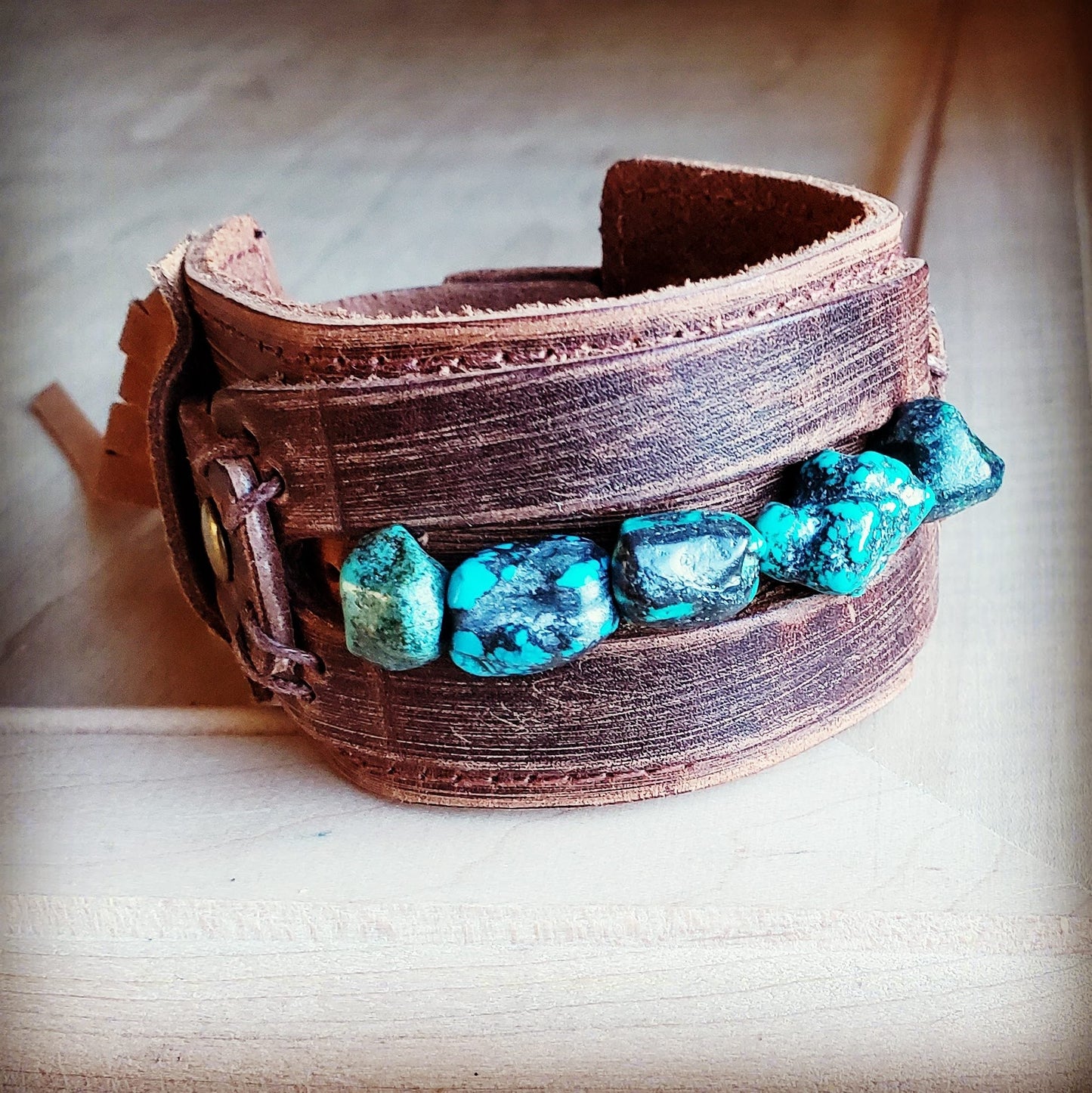 Genuine Leather Wide Cuff Bracelet w/ Natural Turquoise Chunks 006p
