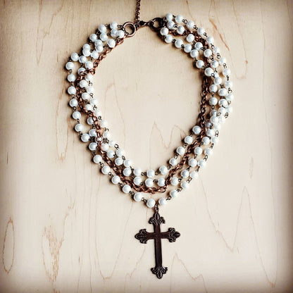 Pearl and Copper Beaded Collar Necklace with Copper Cross 114G