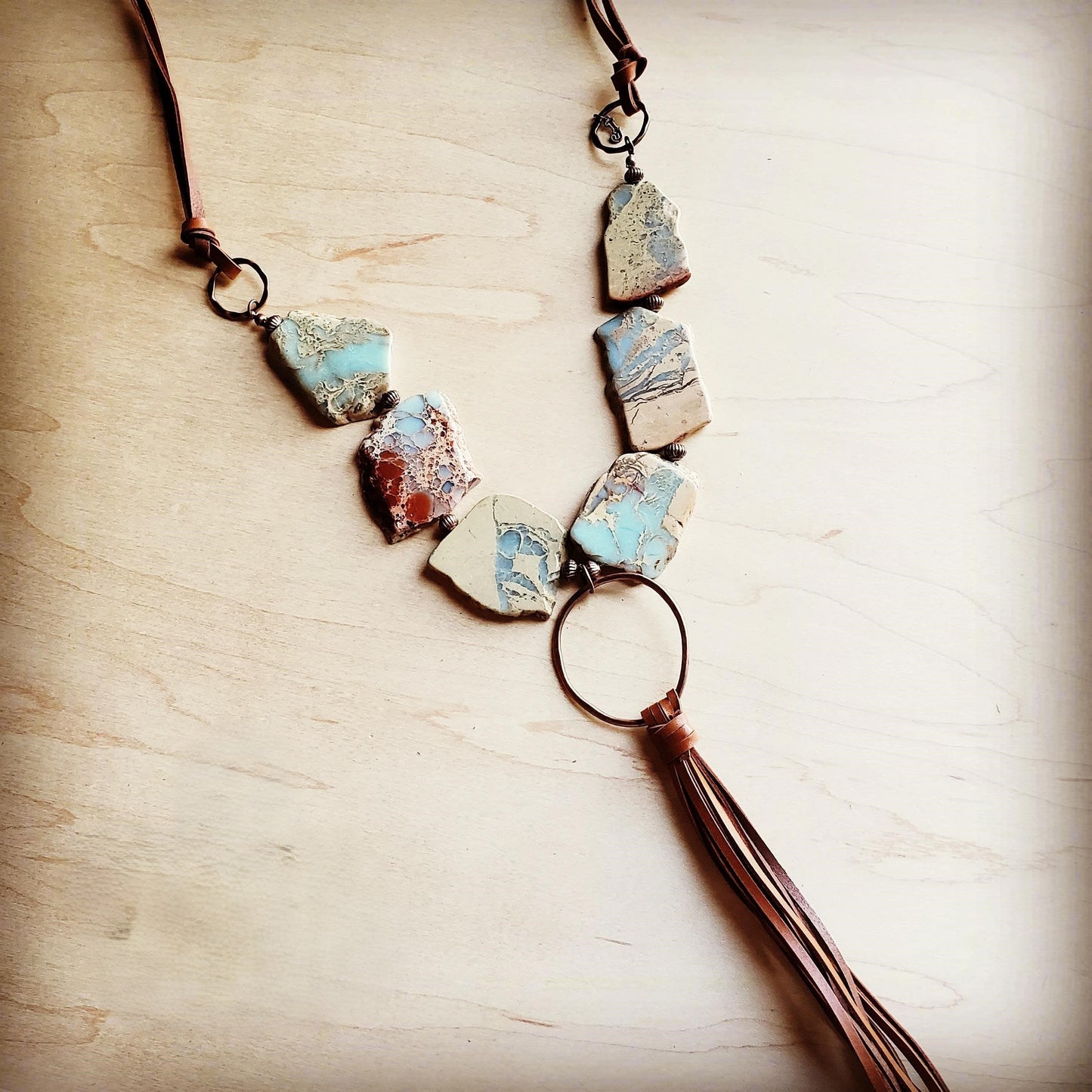 Aqua Terra Slab Necklace with Copper Hoop and leatherFringe Tassel 240r