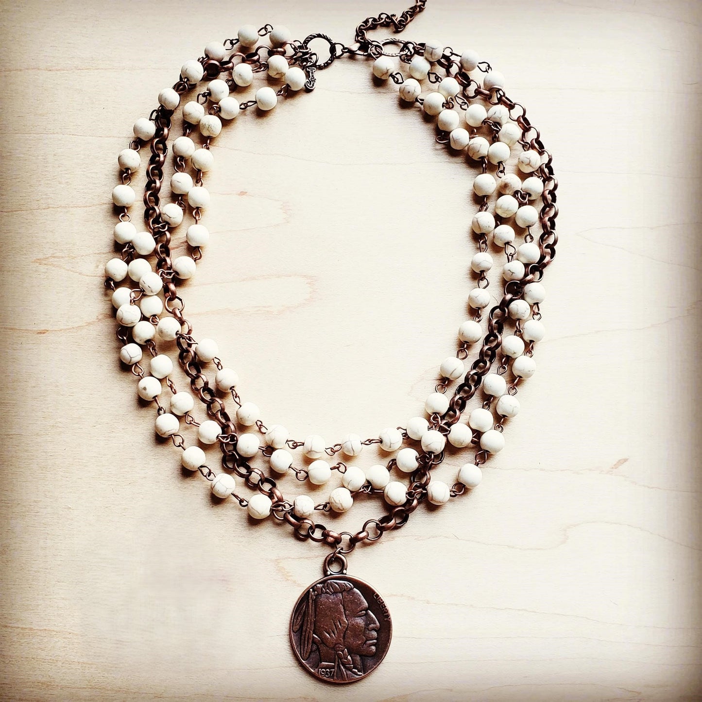 White Turquoise Collar-Length Necklace w/ Indian Buffalo Coin 227Y