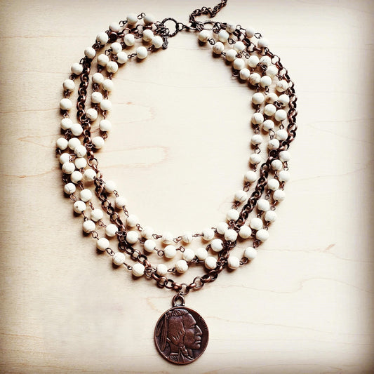 White Turquoise Collar-Length Necklace w/ Indian Buffalo Coin 227Y