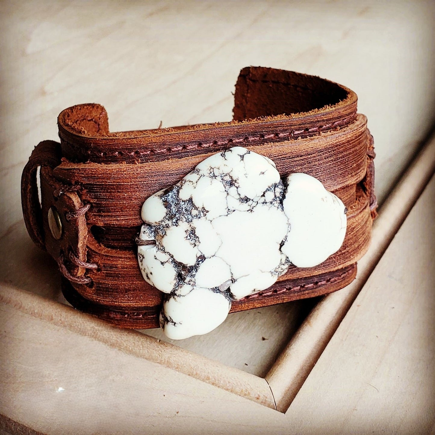 Genuine Leather Wide Cuff with White Turquoise Slab 230Y