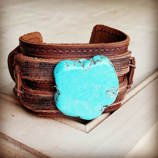 Genuine Leather Wide Cuff with Blue Turquoise Slab 230X