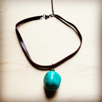 Leather Choker with Genuine Natural Turquoise Accent 242z