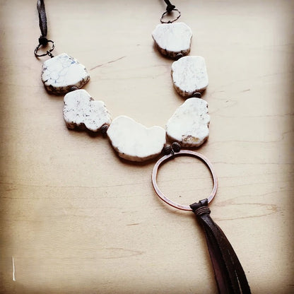 White Turquoise Chunky Necklace with Leather Tassel 225K