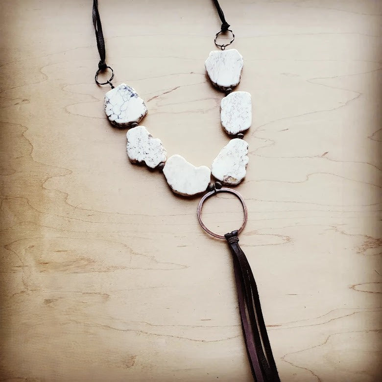 White Turquoise Chunky Necklace with Leather Tassel 225K
