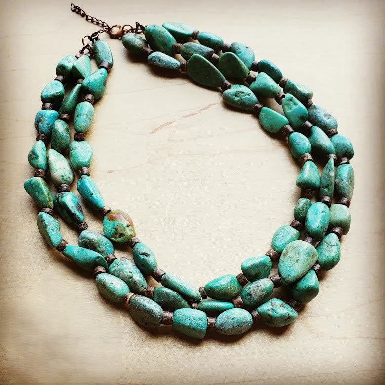 Large Triple Strand Natural Turquoise & Wood Collar Necklace 252x