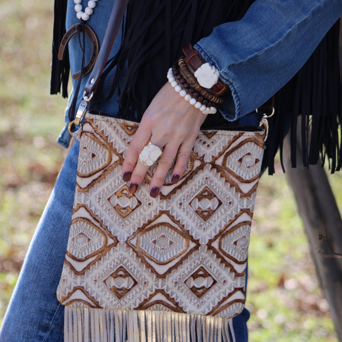 White Turquoise Chunk on Narrow Leather Cuff 005Y