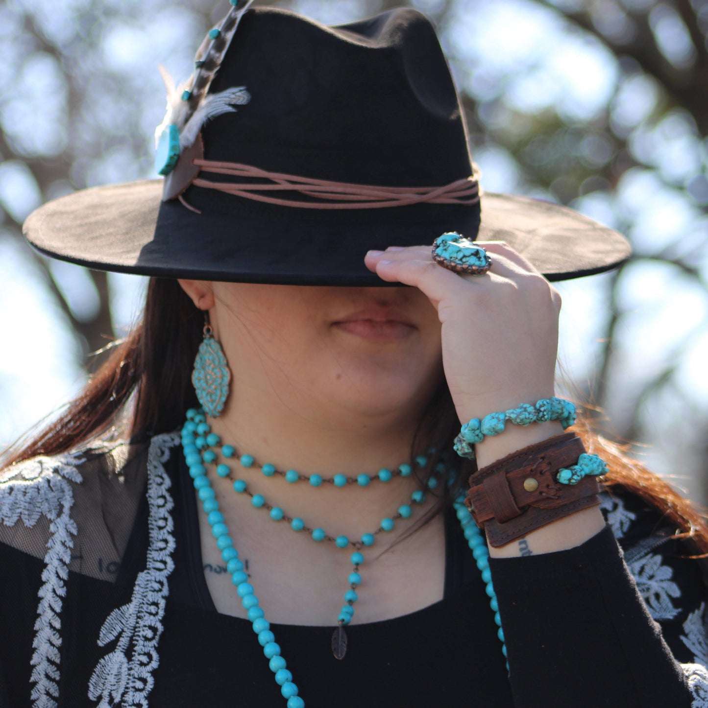 Double Strand Lariat Blue Turquoise Necklace w/ Copper Feather 251e