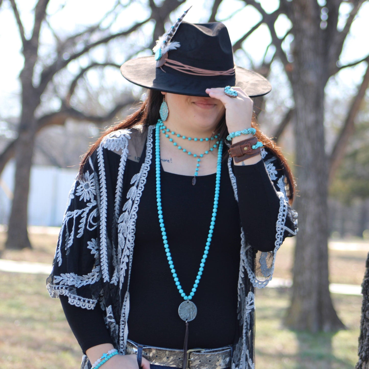 Double Strand Lariat Blue Turquoise Necklace w/ Copper Feather 251e