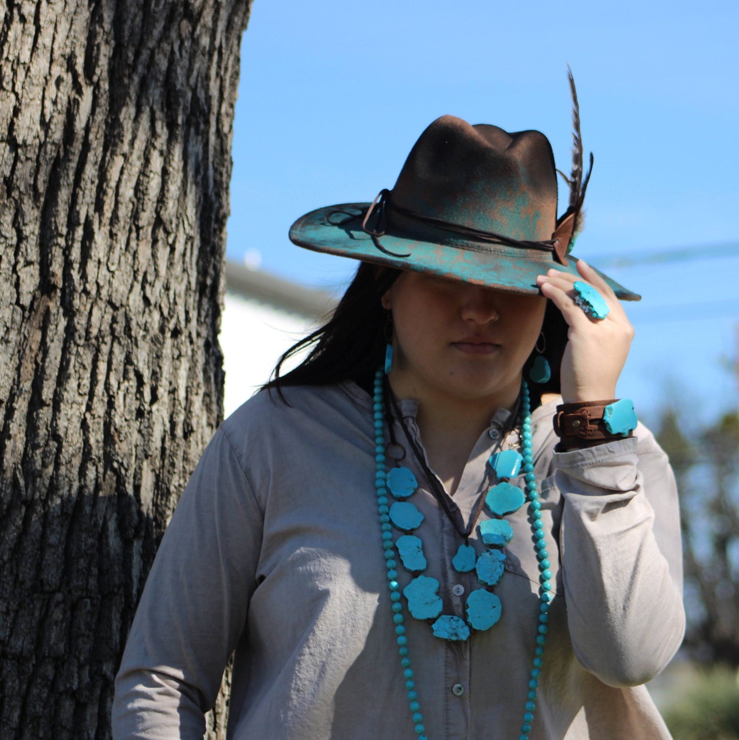 Blue Turquoise Western Slab Necklace with Leather Ties 235X
