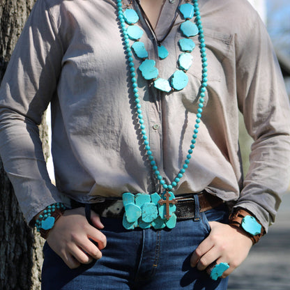 Blue Turquoise Western Slab Necklace with Leather Ties 235X