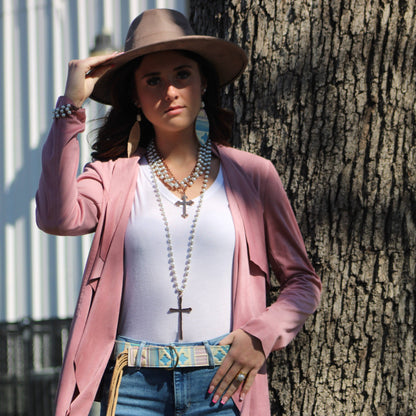 Pearl and Copper Beaded Collar Necklace with Copper Cross 114G