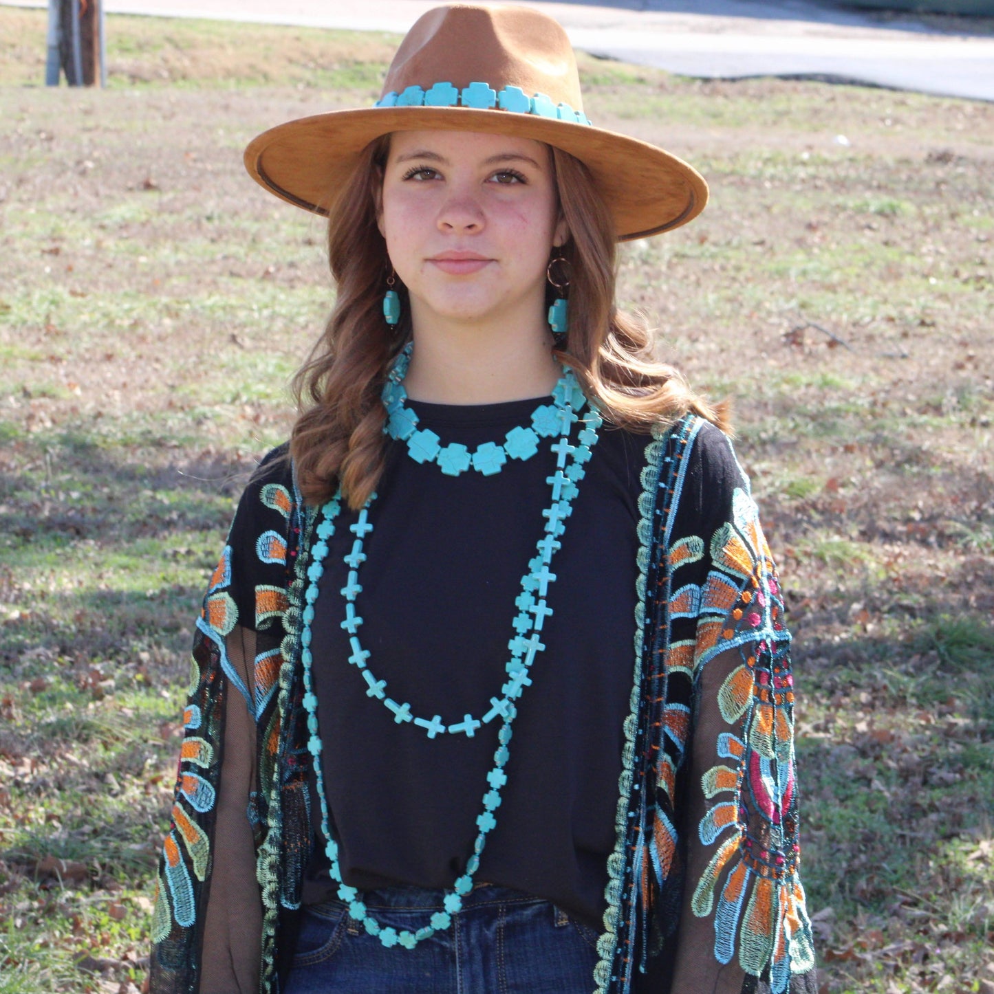Blue Turquoise & Wood Beaded Cross Necklace 258n