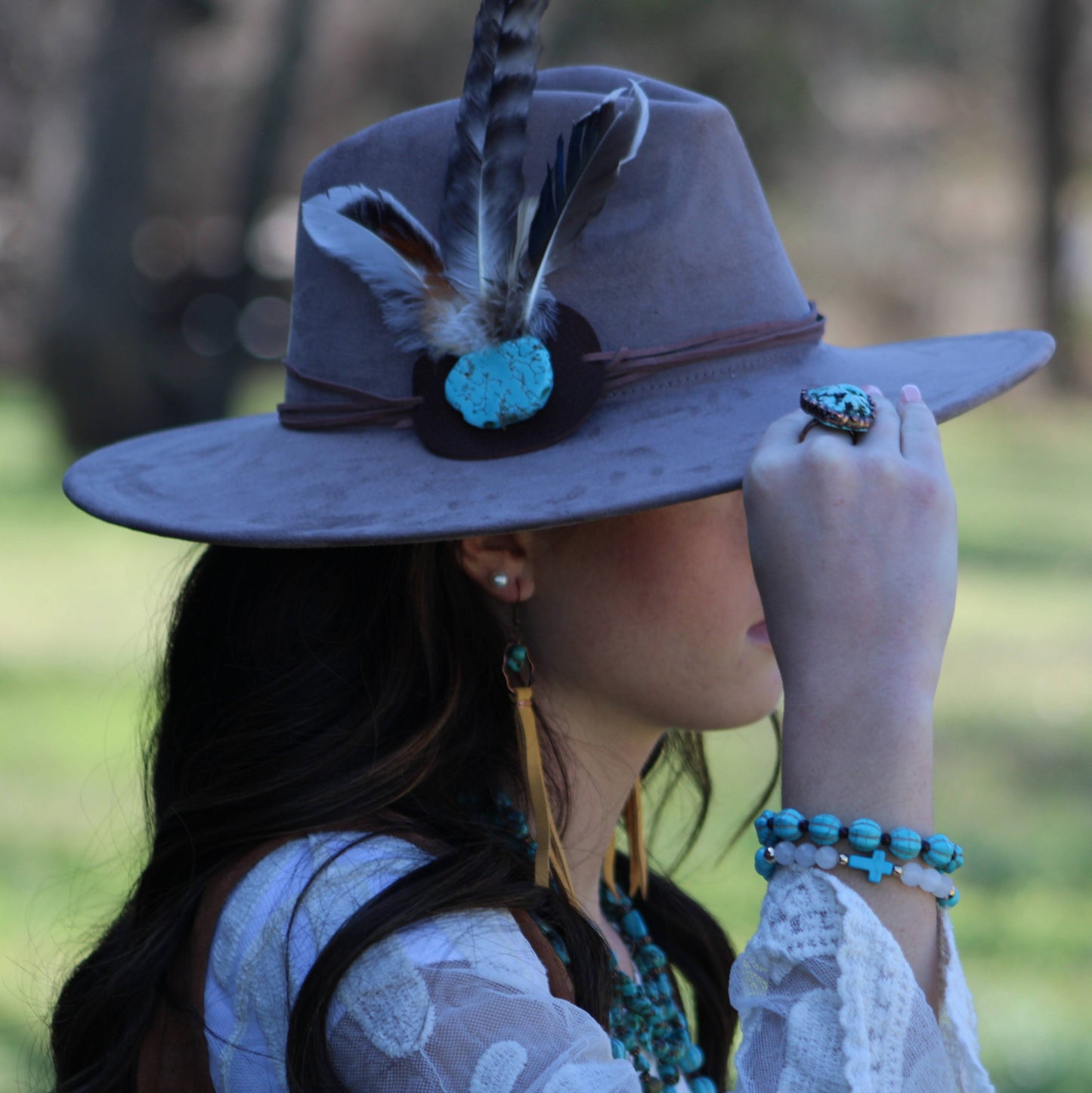 Turquoise Drop Earrings with Leather Tassel-Mustard 206f